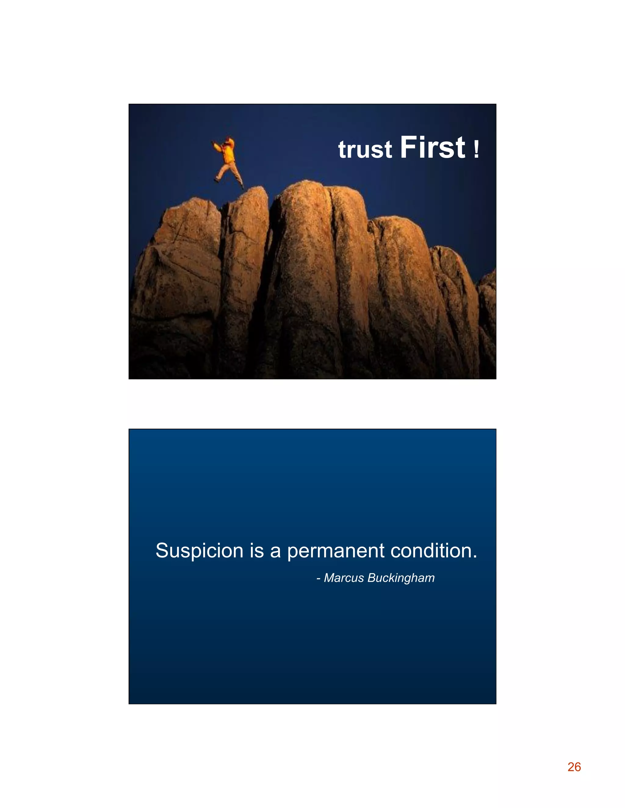 Project Management

trust First !

§  Risk Management

Leadership Role

Suspicion is a permanent condition.
- Marcus Buckingham

26

 