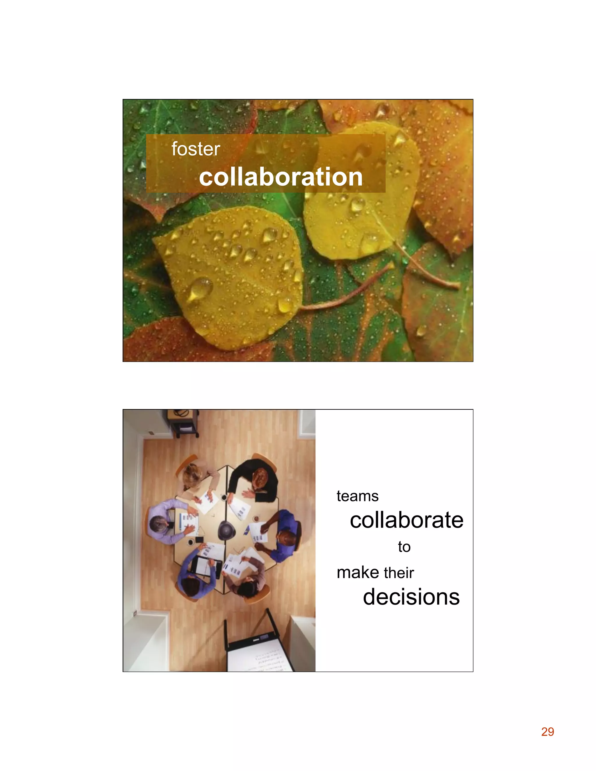 Unleashing Innovation
foster

collaboration
Collaboration Process

teams

collaborate
to

make their

decisions

29

 