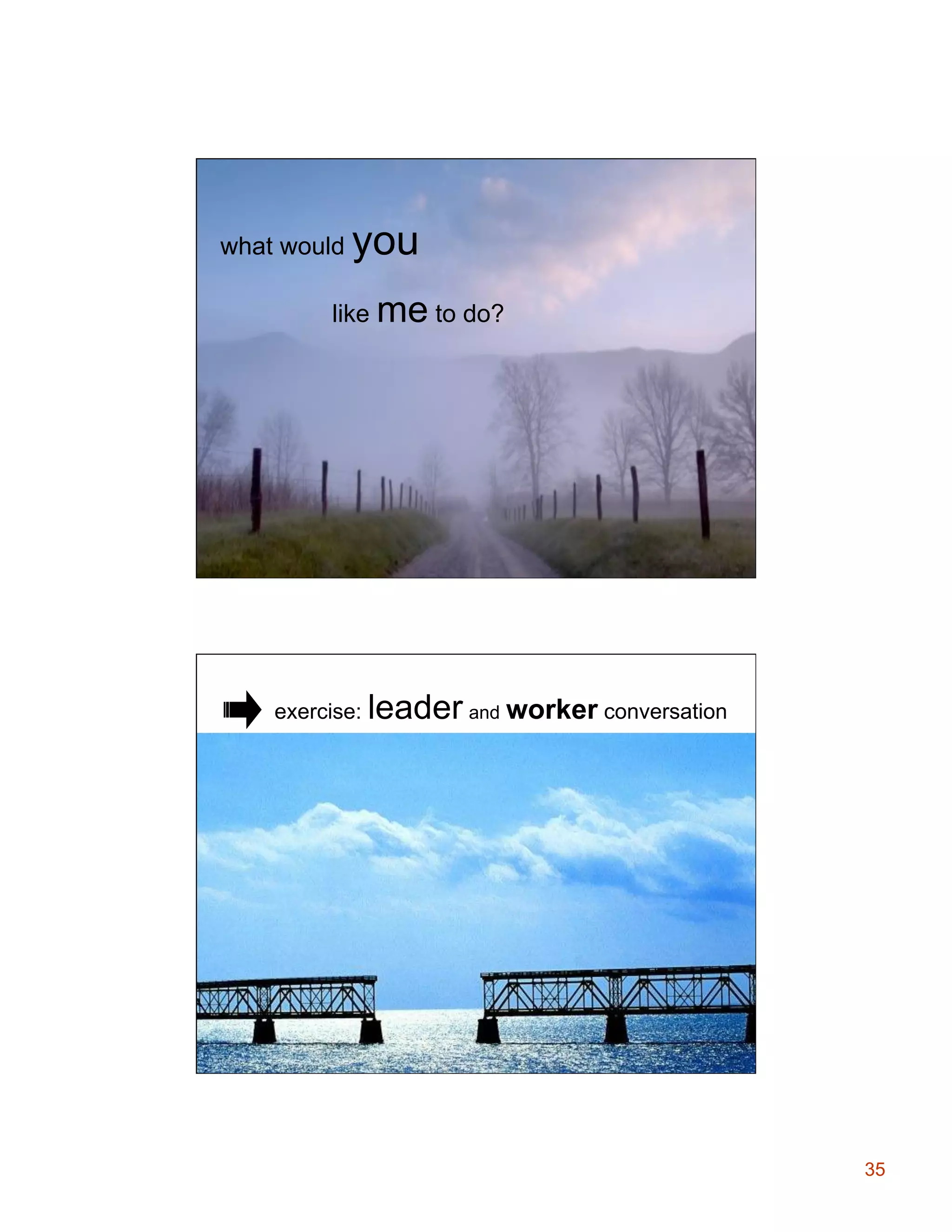 what would

you

like me to do?

exercise: leader and worker conversation

35

 