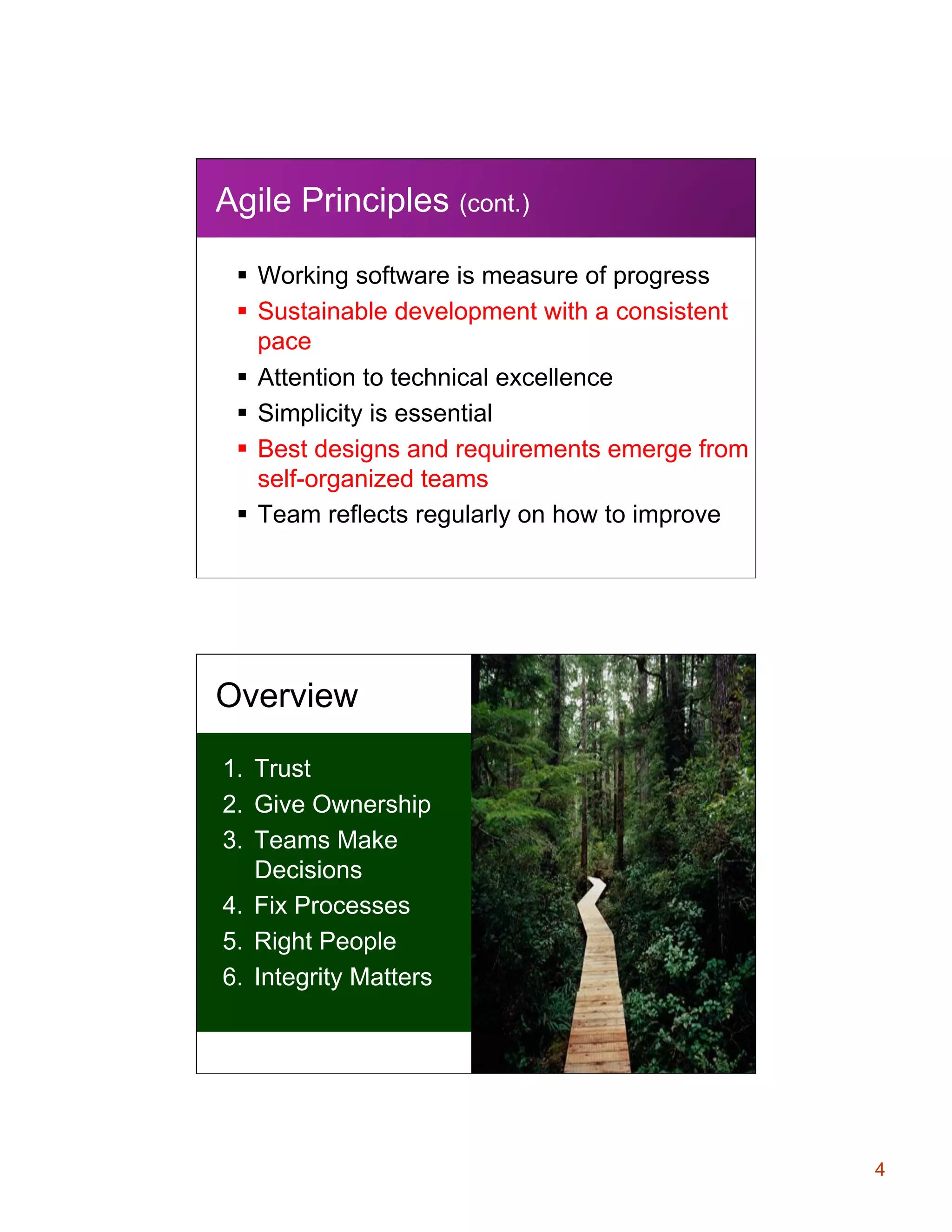 Agile Principles (cont.)
§  Working software is measure of progress
§  Sustainable development with a consistent
pace
§  Attention to technical excellence
§  Simplicity is essential
§  Best designs and requirements emerge from
self-organized teams
§  Team reflects regularly on how to improve

Overview
1.  Trust
2.  Give Ownership
3.  Teams Make
Decisions
4.  Fix Processes
5.  Right People
6.  Integrity Matters

4

 