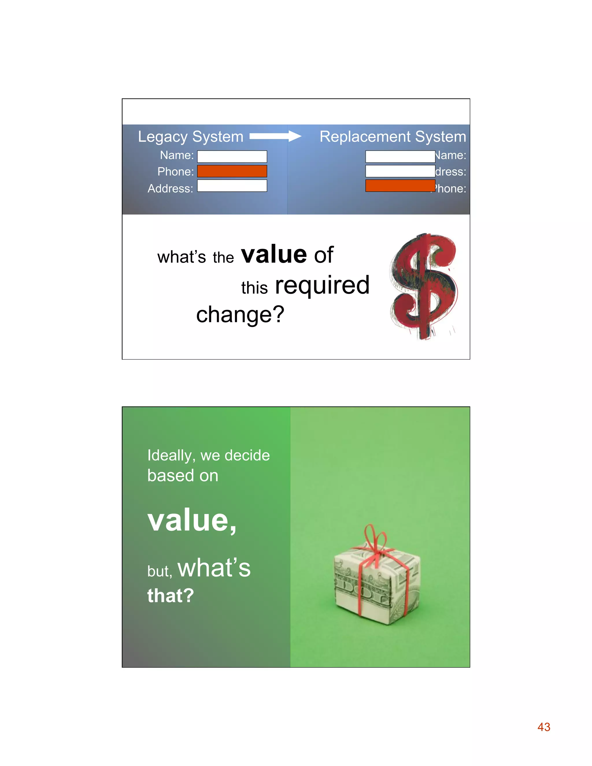 Legacy System

Replacement System

Name:
Phone:
Address:

Name:
Address:
Phone:

what’s the

value of
this required

change?

Ideally, we decide

based on

value,
but,

what’s

that?

43

 