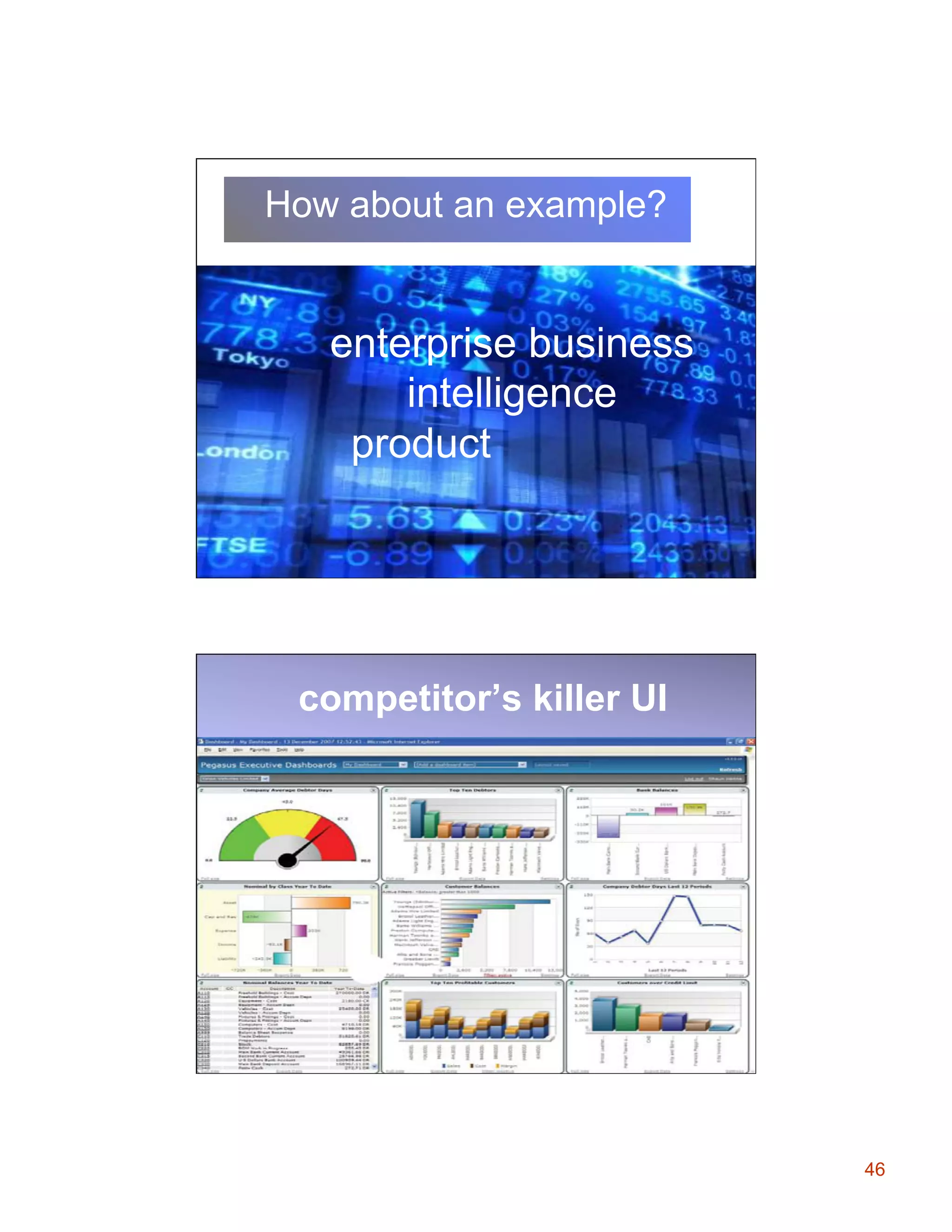 How about an example?

enterprise business
intelligence
product

competitor’s killer UI

46

 