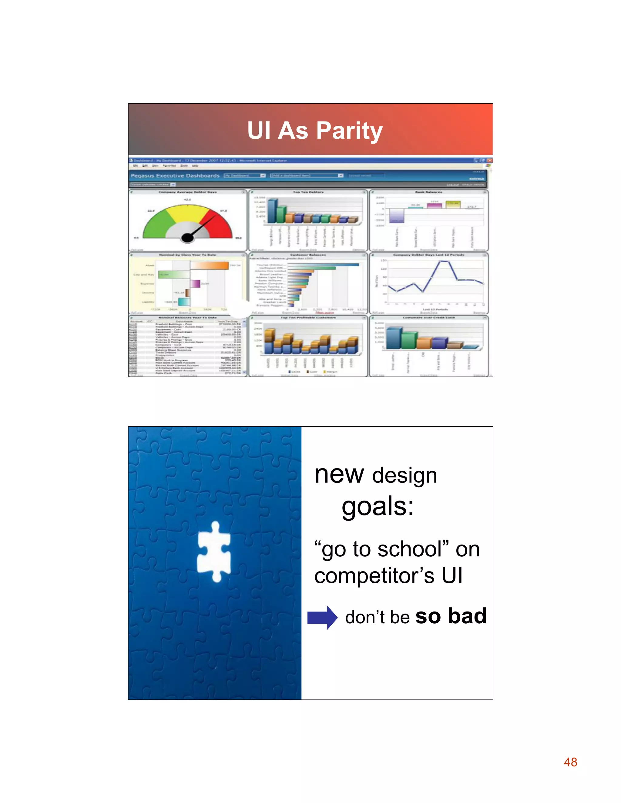UI As Parity

new design
goals:
“go to school” on
competitor’s UI
don’t be so

bad

48

 