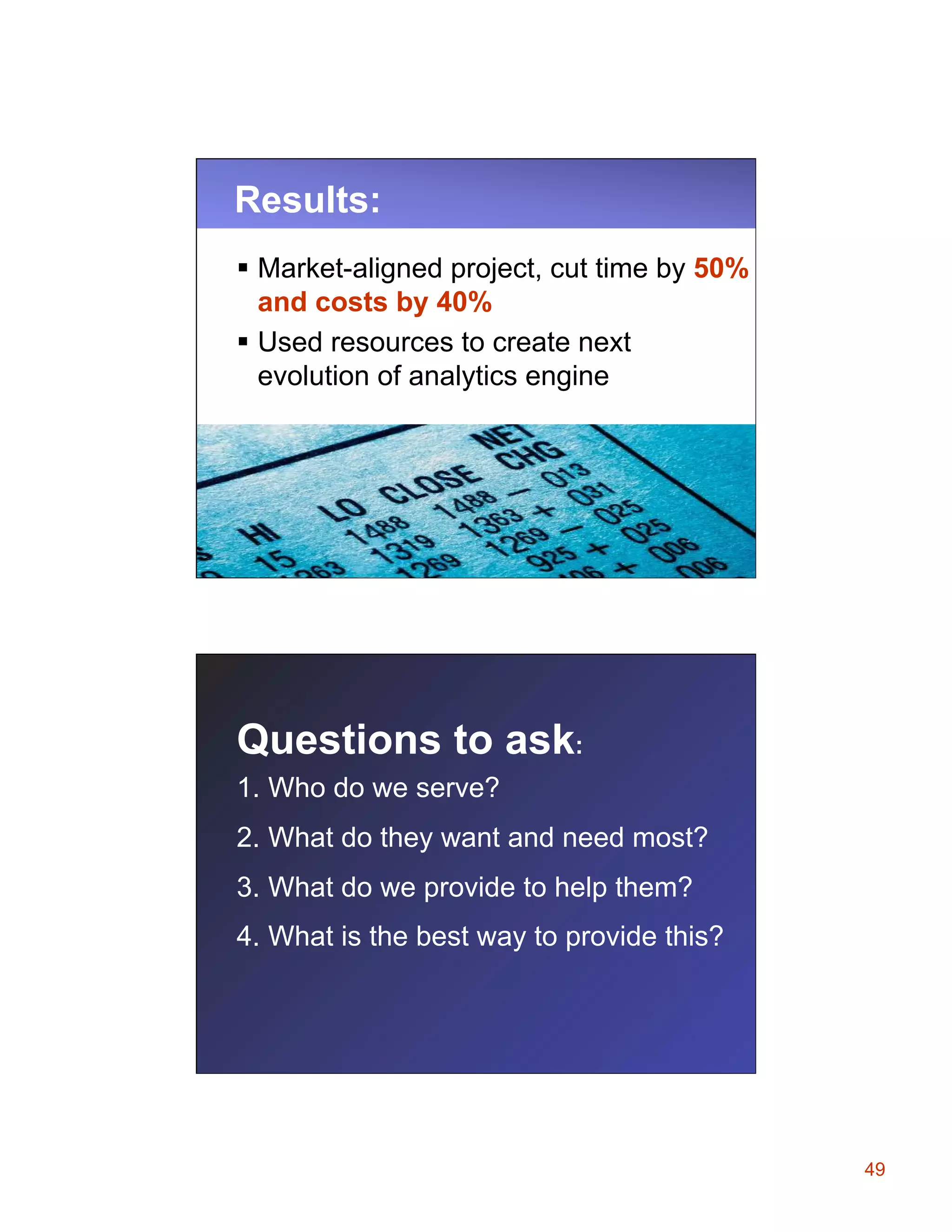 Results:
§  Market-aligned project, cut time by 50%
and costs by 40%
§  Used resources to create next
evolution of analytics engine

Questions to ask:
1.  Who do we serve?
2.  What do they want and need most?
3.  What do we provide to help them?
4.  What is the best way to provide this?

49

 