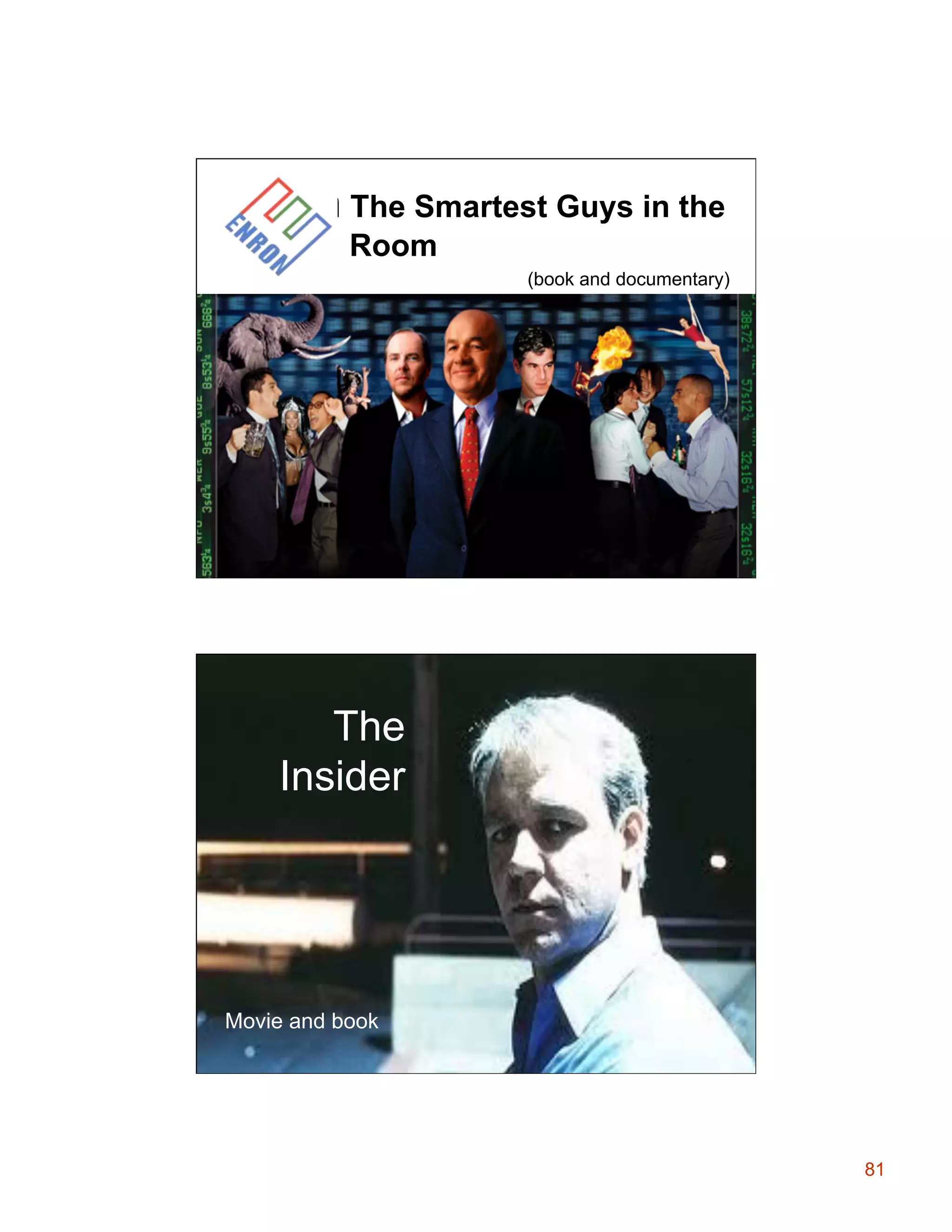 Enron The Smartest Guys in the
Room
(book and documentary)

The
Insider

Movie and book

81

 