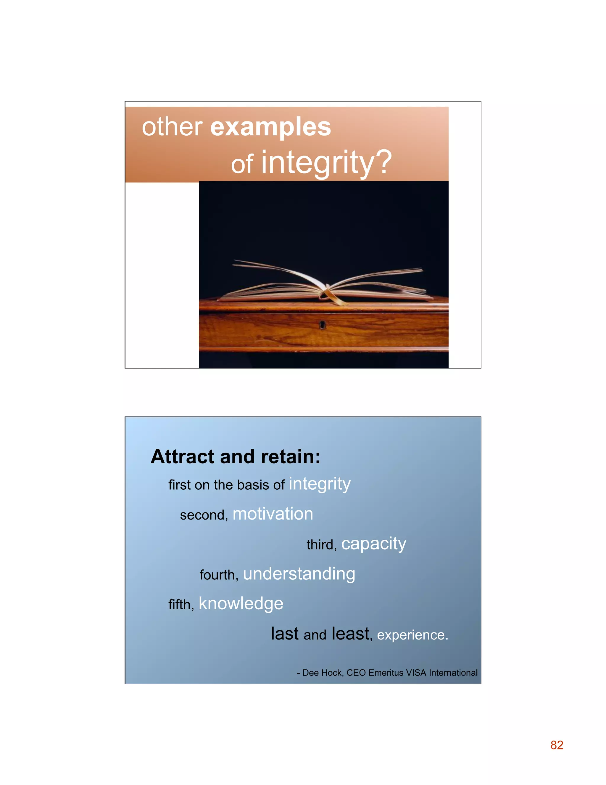 other examples
of integrity?

Attract and retain:
first on the basis of integrity
second, motivation
third, capacity
fourth, understanding
fifth, knowledge

last and least, experience.
- Dee Hock, CEO Emeritus VISA International

82

 