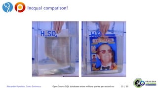 Inequal comparison!
Alexander Korotkov, Sveta Smirnova Open Source SQL databases enters millions queries per second era 11 / 33
 