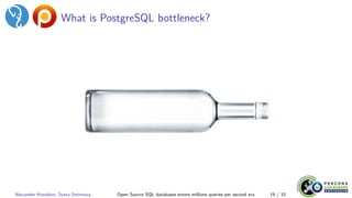 What is PostgreSQL bottleneck?
Alexander Korotkov, Sveta Smirnova Open Source SQL databases enters millions queries per second era 19 / 33
 