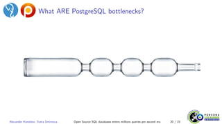 What ARE PostgreSQL bottlenecks?
Alexander Korotkov, Sveta Smirnova Open Source SQL databases enters millions queries per second era 20 / 33
 