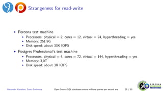 Strangeness for read-write
▶ Percona test machine
▶ Processors: physical = 2, cores = 12, virtual = 24, hyperthreading = yes
▶ Memory: 251.9G
▶ Disk speed: about 33K IOPS
▶ Postgres Professional’s test machine
▶ Processors: physical = 4, cores = 72, virtual = 144, hyperthreading = yes
▶ Memory: 3,0T
▶ Disk speed: about 3K IOPS
Alexander Korotkov, Sveta Smirnova Open Source SQL databases enters millions queries per second era 25 / 33
 