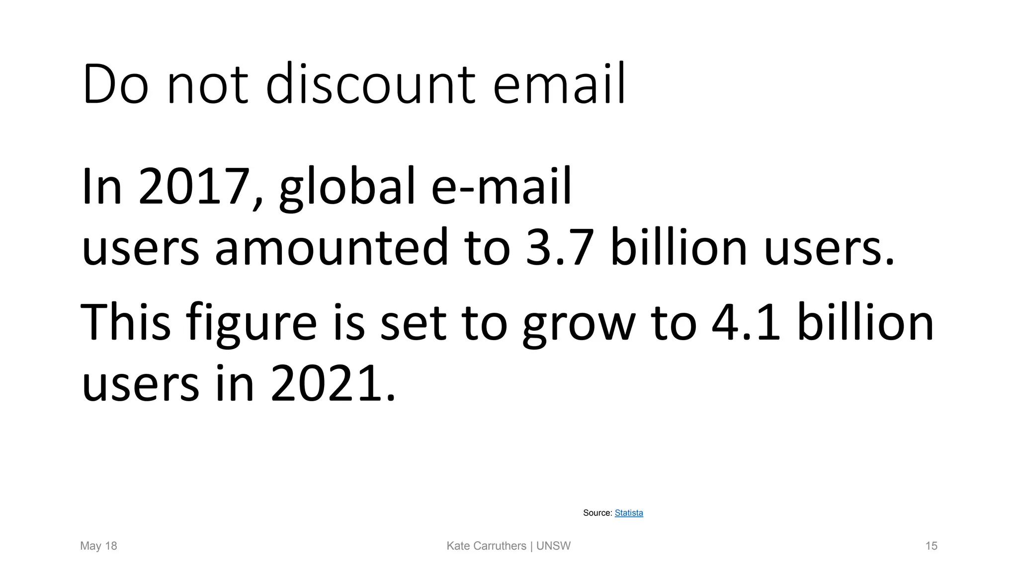 Do not discount email
In 2017, global e-mail
users amounted to 3.7 billion users.
This figure is set to grow to 4.1 billion
users in 2021.
May 18 Kate Carruthers | UNSW 15
Source: Statista
 