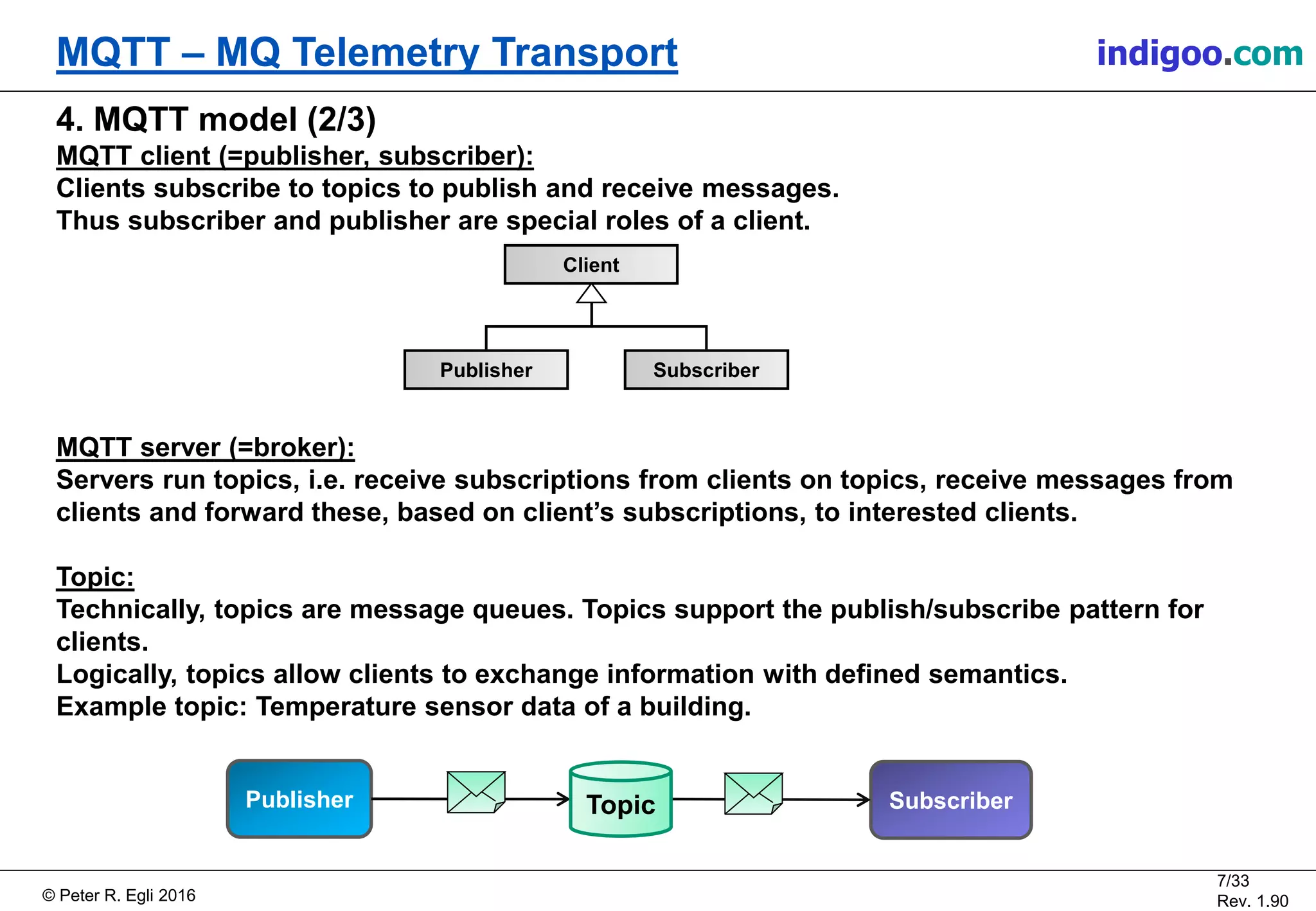 © Peter R. Egli 2017
7/33
Rev. 2.10
MQTT – MQ Telemetry Transport peteregli.net
4. MQTT model (2/3)
MQTT client (=publisher, subscriber):
Clients subscribe to topics to publish and receive messages.
Thus subscriber and publisher are special roles of a client.
MQTT server (=broker):
Servers run topics, i.e. receive subscriptions from clients on topics, receive messages from
clients and forward these, based on client’s subscriptions, to interested clients.
Topic:
Technically, topics are message queues. Topics support the publish/subscribe pattern for
clients.
Logically, topics allow clients to exchange information with defined semantics.
Example topic: Temperature sensor data of a building.
Publisher SubscriberTopic
Client
SubscriberPublisher
 