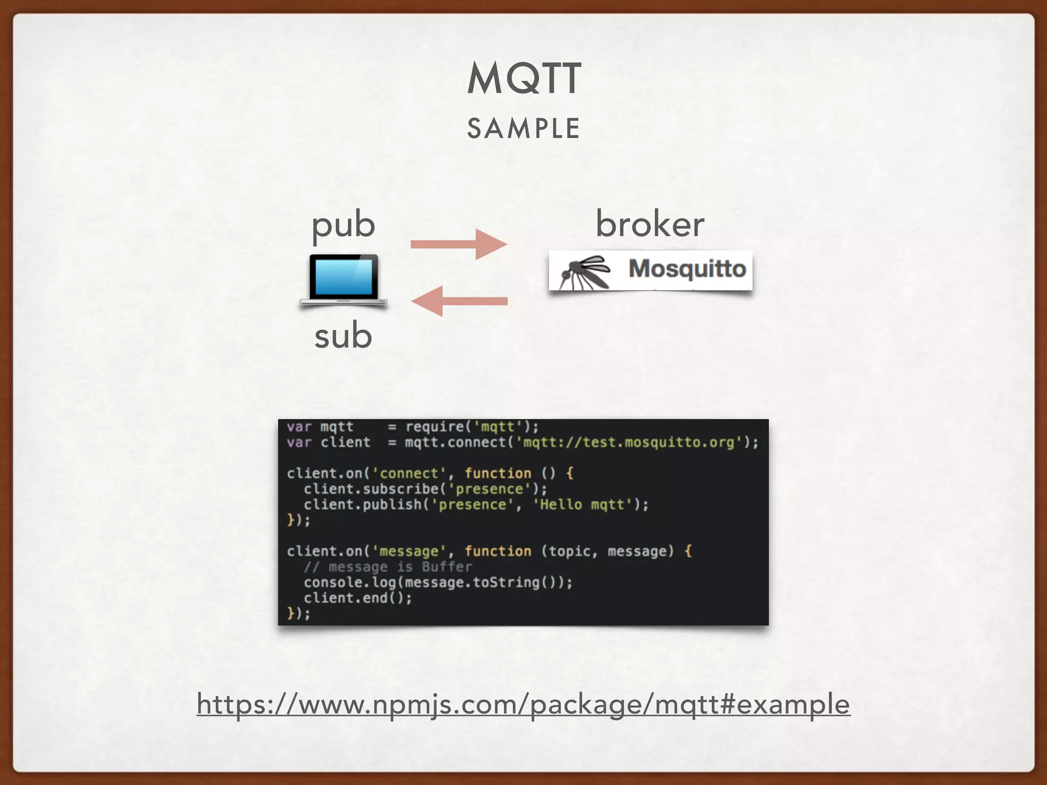 SAMPLE
MQTT
https://www.npmjs.com/package/mqtt#example
pub
sub
broker
 