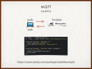 SAMPLE
MQTT
https://www.npmjs.com/package/mqtt#example
pub
sub
broker
 
