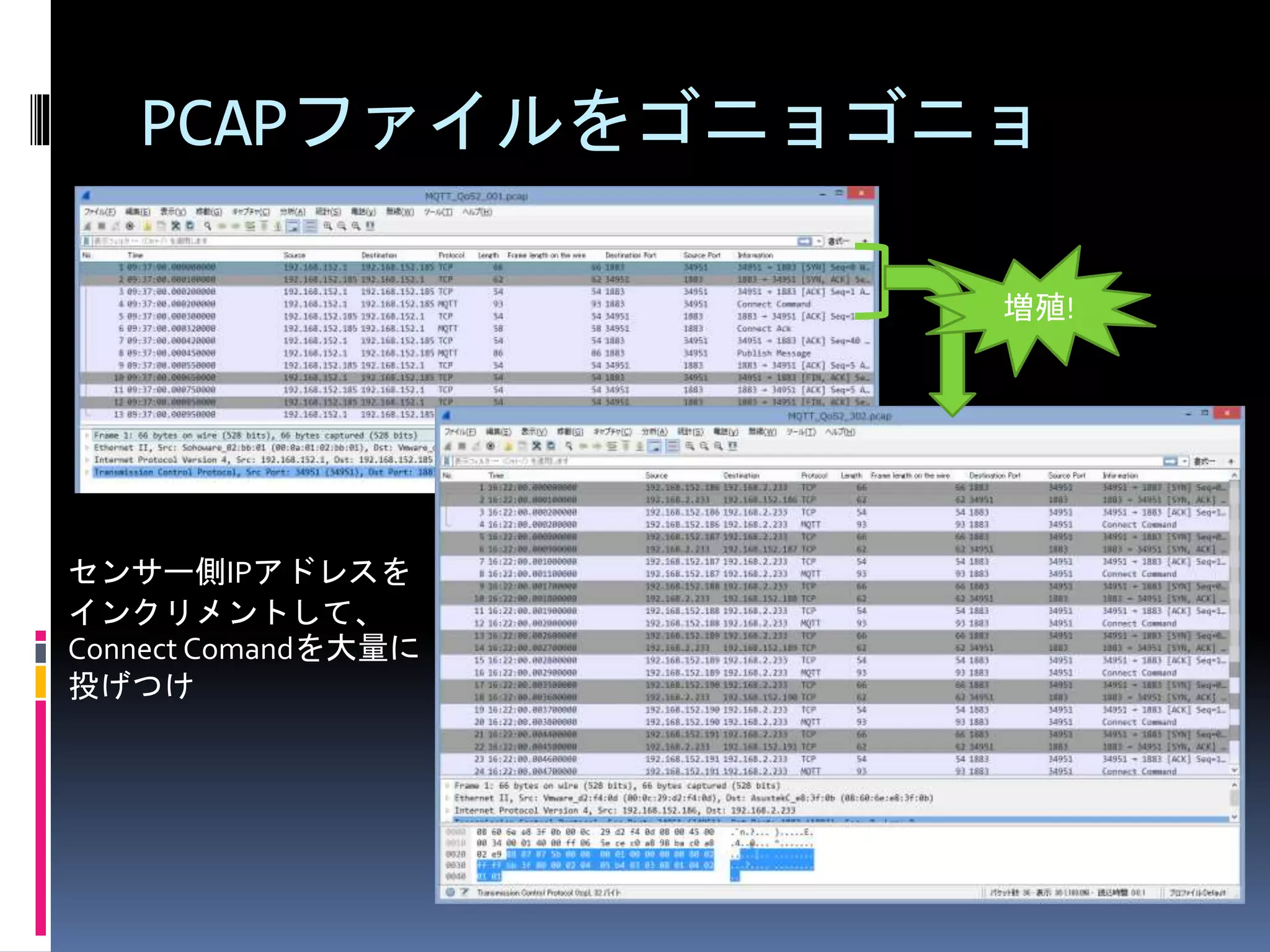 PCAPファイルをゴニョゴニョ
増殖!
センサー側IPアドレスを
インクリメントして、
Connect Comandを大量に
投げつけ
 
