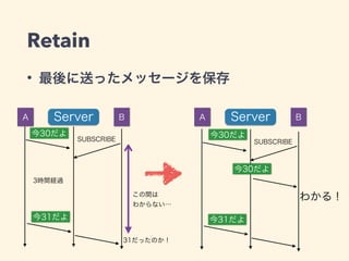 Retain 
• 最後に送ったメッセージを保存 
A Server B A Server B 
今30だよSUBSCRIBE 
今31だよ 
この間は 
わからない… 
31だったのか！ 
3時間経過 
今30だよ 
SUBSCRIBE 
今31だよ 
わかる！ 
今30だよ 
 