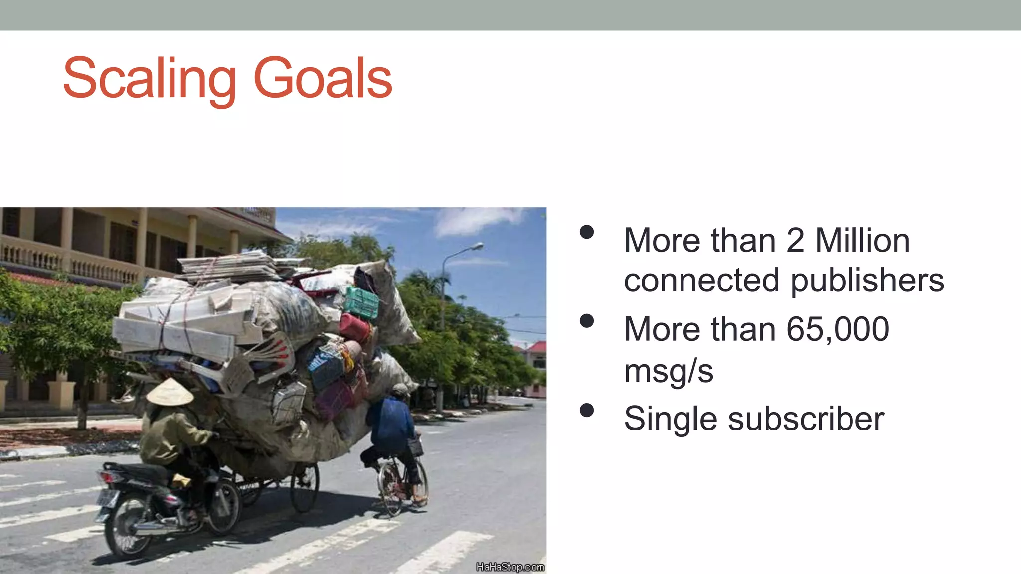 Scaling Goals
•  More than 2 Million
connected publishers
•  More than 65,000
msg/s
•  Single subscriber
 