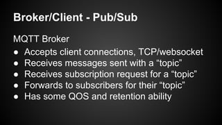 Broker/Client - Pub/Sub
MQTT Broker
● Accepts client connections, TCP/websocket
● Receives messages sent with a “topic”
● Receives subscription request for a “topic”
● Forwards to subscribers for their “topic”
● Has some QOS and retention ability
 