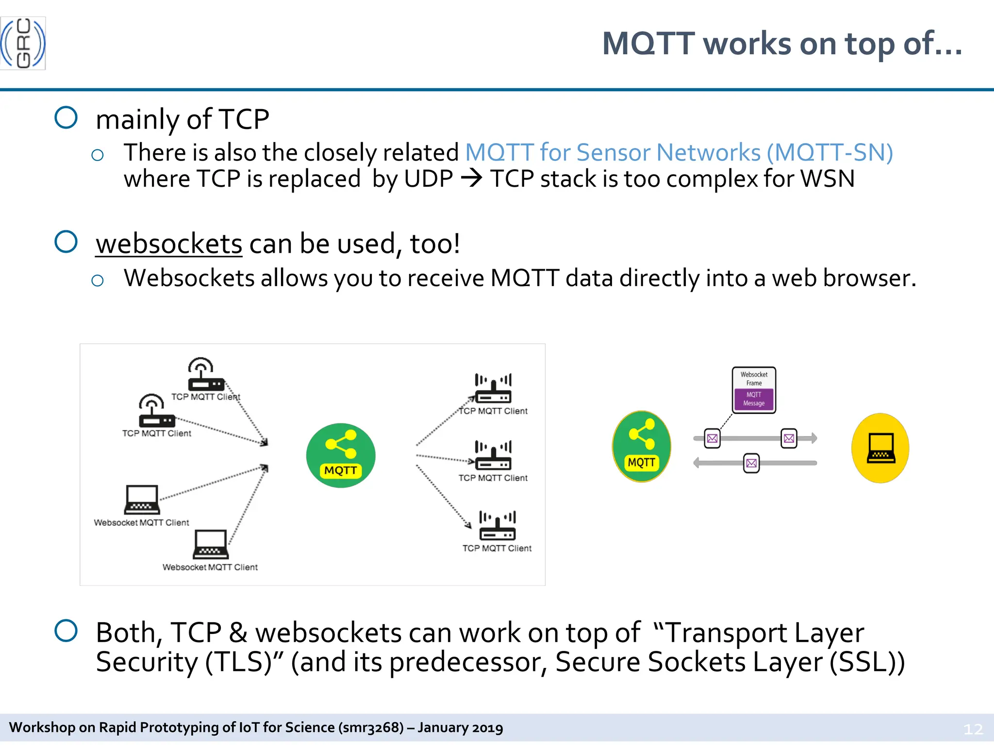 Workshop on Rapid Prototyping of IoT for Science (smr3268) – January 2019
MQTT works on top of…
¡ mainly of TCP
o There is also the closely related MQTT for Sensor Networks (MQTT-SN)
where TCP is replaced by UDP à TCP stack is too complex for WSN
¡ websockets can be used, too!
o Websockets allows you to receive MQTT data directly into a web browser.
¡ Both, TCP & websockets can work on top of “Transport Layer
Security (TLS)” (and its predecessor, Secure Sockets Layer (SSL))
12
 