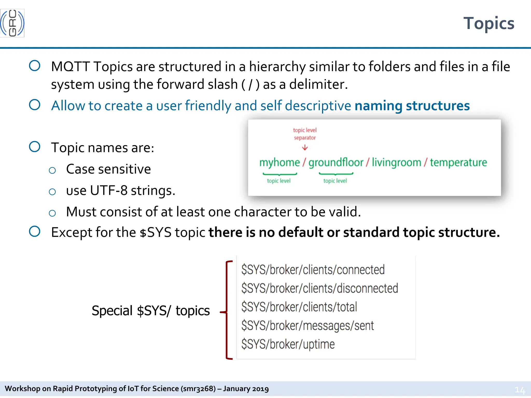 Workshop on Rapid Prototyping of IoT for Science (smr3268) – January 2019
Topics
¡ MQTT Topics are structured in a hierarchy similar to folders and files in a file
system using the forward slash ( / ) as a delimiter.
¡ Allow to create a user friendly and self descriptive naming structures
¡ Topic names are:
o Case sensitive
o use UTF-8 strings.
o Must consist of at least one character to be valid.
¡ Except for the $SYS topic there is no default or standard topic structure.
14
Special $SYS/ topics
 