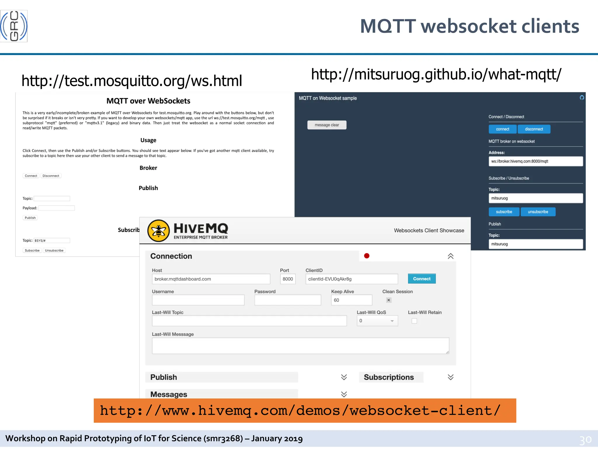 Workshop on Rapid Prototyping of IoT for Science (smr3268) – January 2019
MQTT websocket clients
30
http://test.mosquitto.org/ws.html http://mitsuruog.github.io/what-mqtt/
http://www.hivemq.com/demos/websocket-client/
 