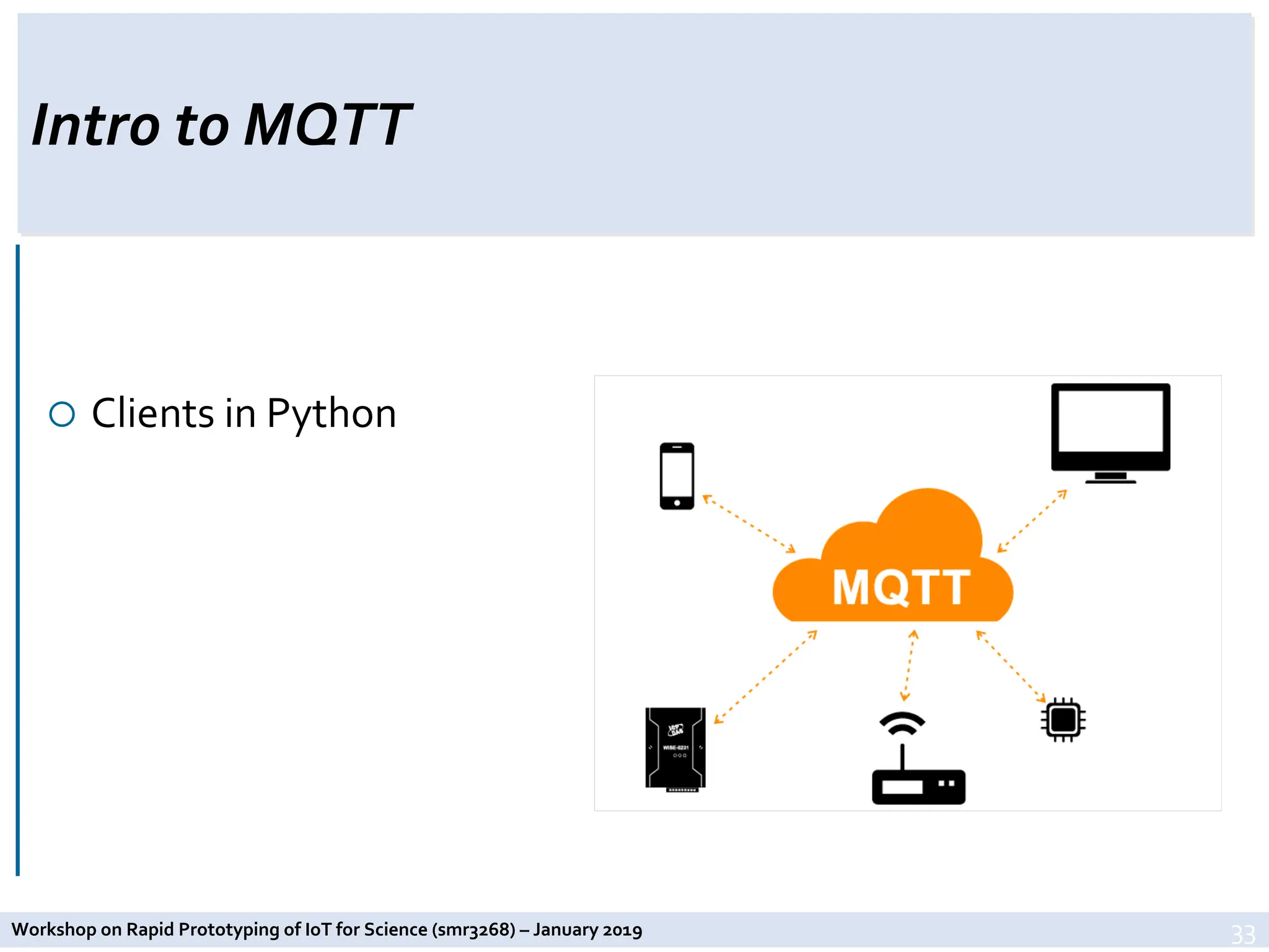 Workshop on Rapid Prototyping of IoT for Science (smr3268) – January 2019
Intro to MQTT
¡ Clients in Python
33
 