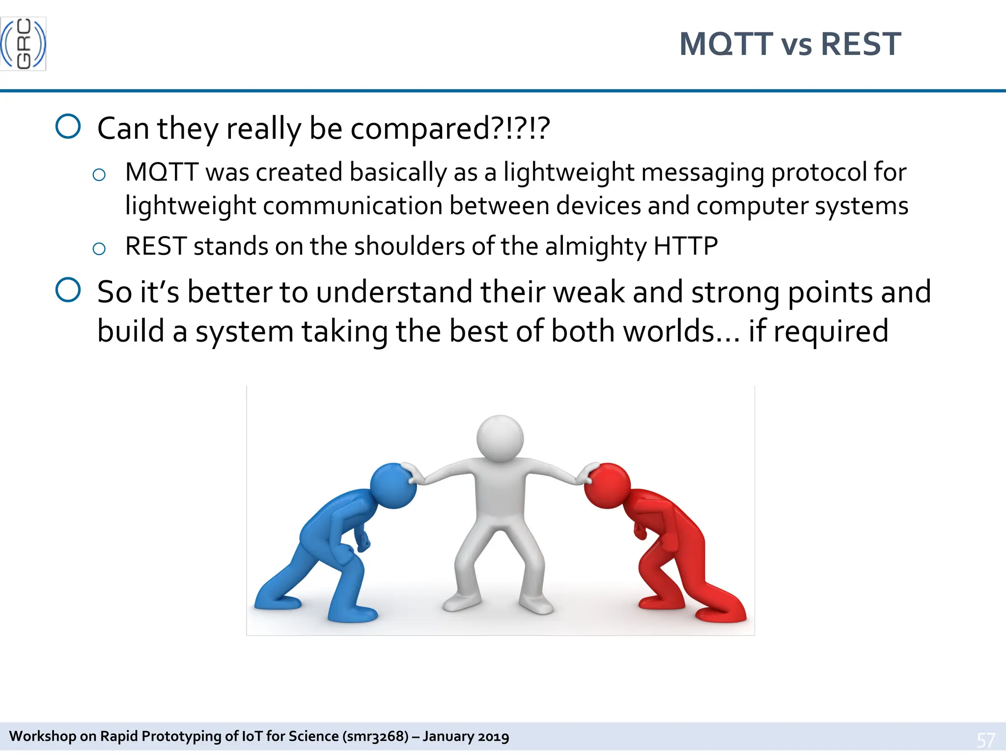 Workshop on Rapid Prototyping of IoT for Science (smr3268) – January 2019
MQTT vs REST
¡ Can they really be compared?!?!?
o MQTT was created basically as a lightweight messaging protocol for
lightweight communication between devices and computer systems
o REST stands on the shoulders of the almighty HTTP
¡ So it’s better to understand their weak and strong points and
build a system taking the best of both worlds… if required
57
 