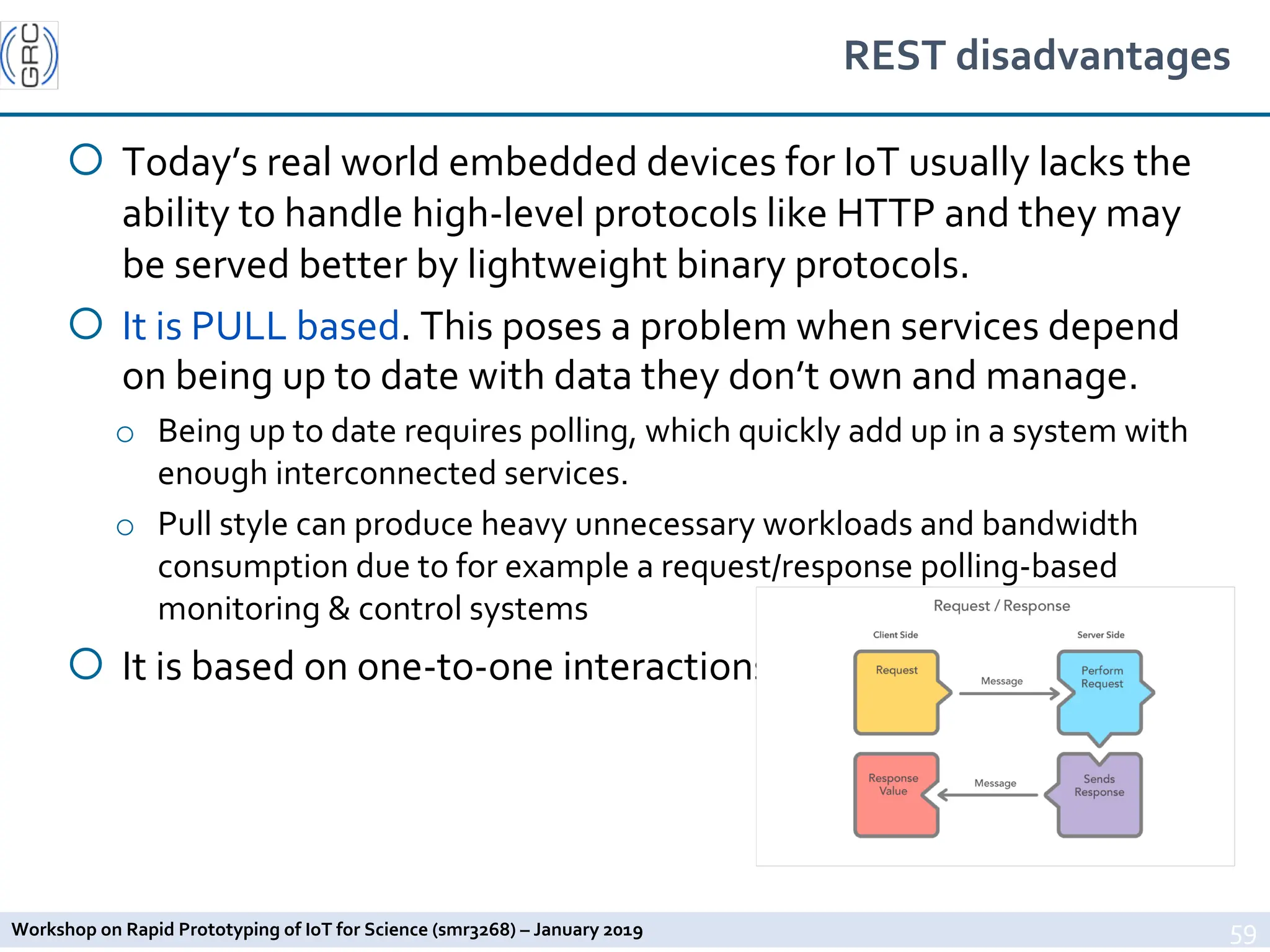 Workshop on Rapid Prototyping of IoT for Science (smr3268) – January 2019
REST disadvantages
¡ Today’s real world embedded devices for IoT usually lacks the
ability to handle high-level protocols like HTTP and they may
be served better by lightweight binary protocols.
¡ It is PULL based. This poses a problem when services depend
on being up to date with data they don’t own and manage.
o Being up to date requires polling, which quickly add up in a system with
enough interconnected services.
o Pull style can produce heavy unnecessary workloads and bandwidth
consumption due to for example a request/response polling-based
monitoring & control systems
¡ It is based on one-to-one interactions
59
 