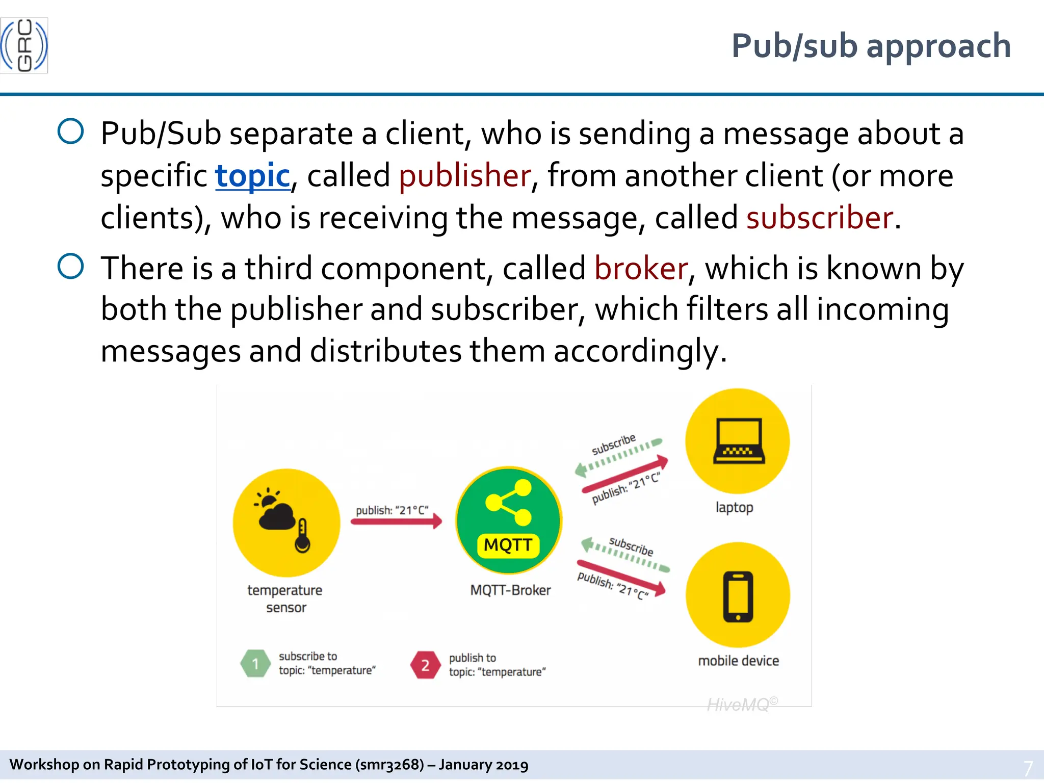 Workshop on Rapid Prototyping of IoT for Science (smr3268) – January 2019
Pub/sub approach
¡ Pub/Sub separate a client, who is sending a message about a
specific topic, called publisher, from another client (or more
clients), who is receiving the message, called subscriber.
¡ There is a third component, called broker, which is known by
both the publisher and subscriber, which filters all incoming
messages and distributes them accordingly.
7
HiveMQ©
 