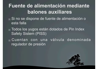 Fuente de alimentación mediante
       balones auxiliares
    Si no se dispone de fuente de alimentación o
     esta falla
    Todos los yugos están dotados de Pin Index
     Safety Sistem (PISS)
    Cuentan con una válvula denominada
     regulador de presión
 