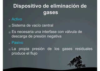Dispositivo de eliminación de
                 gases
➢    Activo
    Sistema de vacío central
    Es necesaria una interfase con válvula de
     descarga de presión negativa
➢    Pasivo
    La propia presión de los gases residuales
     produce el flujo
 