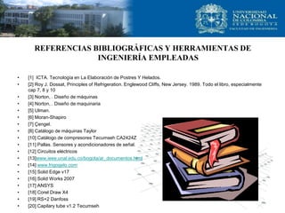 REFERENCIAS BIBLIOGRÁFICAS Y HERRAMIENTAS DE
INGENIERÍA EMPLEADAS
• [1] ICTA. Tecnología en La Elaboración de Postres Y Helados.
• [2] Roy J. Dossat, Principles of Refrigeration. Englewood Cliffs, New Jersey. 1989. Todo el libro, especialmente
cap 7, 8 y 10
• [3] Norton, . Diseño de máquinas
• [4] Norton, . Diseño de maquinaria
• [5] Ulman.
• [6] Moran-Shapiro
• [7] Çengel.
• [8] Catálogo de máquinas Taylor
• [10] Catálogo de compresores Tecumseh CA2424Z
• [11] Pallas. Sensores y acondicionadores de señal.
• [12] Circuitos eléctricos
• [13]www.ieee.unal.edu.co/bogota/ar_documentos.html
• [14] www.frigogelo.com
• [15] Solid Edge v17
• [16] Solid Works 2007
• [17] ANSYS
• [18] Corel Draw X4
• [19] RS+2 Danfoss
• [20] Capilary tube v1.2 Tecumseh
 