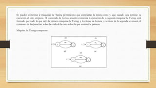 Se pueden combinar 2 máquinas de Turing permitiendo que compartan la misma cinta y, que cuando una termine su
ejecución, el otro empiece. El contenido de la cinta cuando comienza la ejecución de la segunda máquina de Turing, está
formado por todo lo que dejó la primera máquina de Turing, y la cabeza de lectura y escritura de la segunda se situará, al
comienzo de la ejecución, sobre la celda de la cinta sobre la que terminó la primera.
Máquina de Turing compuesta:
 