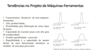 • Características desejáveis de uma máquina-
ferramenta:
• Alta produtividade;
• Flexibilidade para fabricação de vários tipos
de peças;
• Capacidade de executar peças com alto grau
de complexidade;
• Grande repetibilidade e precisão
• Repetibilidade é a capacidade de manter
dentro de uma determinada tolerância as
medidas de uma peça para outra.
Tendências no Projeto de Máquinas-Ferramentas
 