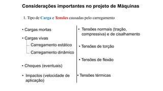 • Cargas mortas
• Cargas vivas
Carregamento estático
Carregamento dinâmico
• Choques (eventuais)
• Impactos (velocidade de
aplicação)
• Tensões normais (tração,
compressiva) e de cisalhamento
• Tensões térmicas
• Tensões de torção
• Tensões de flexão
Considerações importantes no projeto de Máquinas
1. Tipo de Carga e Tensões causadas pelo carregamento
 