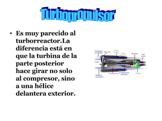 Es muy parecido al turborreactor.La diferencia está en que la turbina de la parte posterior hace girar no solo al compresor, sino a una hélice delantera exterior. Turbopropulsor 