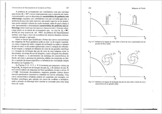 Caractertsticas de Funcionamentn de Geradores de Fluxo 237
A potencia de acionamento nos ventiladores com pas curvadas
para frente (j)_, > 90°) cresce continuamente com o aumento da vazao,
caracterizando o que se denomina de caracteristica de potencia com
sobrecarga, enquanto, nos velltiladores com pas curvadas para tras, a
potencia alcan9a um valor m<iximo, nao muito superior ao de projeto,
num ponto situado adireita da vazao nominal, al61n do qual come9a a
cair, apresentando a denominada caracteristica de potencia sem so-
brecarga (li1nit-load type horsepower characteristic). 0 termo sobre-
carga refere-se ao motor de acionamento que, no caso de j35
> 90°,
devera ter uma reserva de ate IOOo/a da potencia de funcionamento
normal, caso haja o risco da resistencia do sistema diminuir excessi-
vamente durante a opera9ao.
Entre os fatores que modificam a forma das curvas caracterfsticas
das m:iquinas de fluxo geradoras pode-se citar: os de origem construti-
va, coma a largura de safda, o &ngulo de inclina9ao na saida e o nrimero
de pas do rotor; os de cariiter operacional, como a varia9ao da velocida-
de de rota9ao, a varia9ao do difunetro do rotor de um gerador centrifugo
e a varia9ao da inclina9ao das pas do rotor de uma maquina axial; os
decorrentes do tempo de uso da maquina, como o desgaste dos elemen-
tos de veda9ilo; e, os provenientes da mudan9a de caracterfsticas do
fluido, tal como a presen9a de particulas s6lidas em suspensao no flui-
do, a varia9ao da massa especifica ea influencia da viscosidade (objeto
de analise no Capitulo 11). .
AsFiguras9.12, 9.13 e 9.14mostramquepequenosvaloresda
largura b5, do <lngulo de inclina9ao das p:is, J35
, e do nrimero de pas, N,
nos rotores radiais de m<'iquinas de fluxo geradoras, levam a curvas Y
= f (Q) fortemente descendentes, enquanto grandes valores destes
1nesmos par3metros construtivos resultam em curvas achatadas. Uma
curva caracterfstica achatada podera ser requerida, por exe1nplo, em
bombas centrffugas que operam em carros de combate a incendios,
onde a pressao na descarga deve manter-se constante para uma larga
faixa de vazfio.
238 Mtiquinas de Fluido
y y
Q Q
Fig. 9.12 lnfluSncia da largura do rotor sabre a forma da curva caracteristica de um
gerador de fluxo radial.
y y (3 5
Q Q
Fig. 9.13 Influencia do ilngulo de inclinar;ao das pas do rotor sobre a forma da curva
caracterfstica de um gerador radial.
 