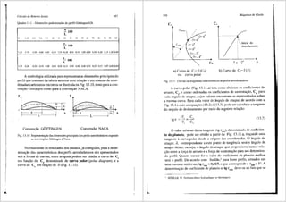 Cdlculo de Rotores Axiais 357
Quadro 13.1 - Dimens5es padronizadas do perfil GOttingen 428.
~ 100
L
0 1,25 2,5 5,0 7,5 IO IS 20 30 40 so 60 70 80 90 95 JOO
~ 100
L
!,25 2,75 3,50 4,80 6,05 6,50 7,55 8,20 8,55 8,35 7,80 6,80 5,50 4,20 2,15 1,20 0,00
~ 100
L
1,25 0,30 0,20 0,10 0,00 0,00 0,05 0,15 0,30 0,40 0,40 0,35 0,25 0,15 0,05 0,00 0,00
A simbologia utilizada para representar as dimens6es principais do
perfil que constam da tabela anterior com relar;ao a um sistema de coor-
denadas cartesianas encontra-se ilustradana Fig. 13.10, tanto para a con-
venr;ao GOttingen como para a convenr;ao NACA.
yi :::----
..-·- -=-.· ::~nmn=
, r--- x ---::-1 x
r~- L~--~
Conven91io GOTTINGEN Convenr;ao NACA
Fig. 13.10 Representa9ao das dimens5es principais dos perfis aerodin§micos segundo
as conven96es GOttingen e Naca.
Normalmente os resultados dos ensaios,j3. corrigidos, para a deter-
minar;ao das caracteristicas dos perfis aerodinfunicos sao apresentados
sob a forma de curvas, entre as quais podem ser citadas a curva de C
em funr;ao de Ca' denominada de curva polar (polar diagram), e ~
curva de C, em funl'i'io de a(Fig. 13.11).
L
358
0= 6°
, iJ=40
iJ= 20
0= 0°
0=- 2
11
EJ= - 40
a) Curva de C,~ f (C)
ou curva polar
c,
c,

Mdquinas de Fluido
_Inicio do
descolamento
7 a 12° a
b)Curvade c,~r(a)
Fig. 13.11 Curvas ou diagramas caracteristicos de perfis aerodini.imicos.
A curva polar (Fig. 13.11.a) tern como abcissas os coeficientes de
arrasto, Ca, e como ordenadas os coeficientes de sustentar;ao, C8
, para
cada 3.ngulo de ataque, cujos valores encontram-se representados sobre
a mesma curva. Para cada valor do 3.ngulo de ataque, de acordo com a
Fig. 13.4 e com as equar;6es (13.2) e (13.3), pode ser calculada a tangente
do angulo de deslizamento por meio da seguinte relar;ii.o:
F C
tg£=----"-=-'
F, C,
(13.7)
0 valor mlnimo desta tangente (tg €min), denominado de coeficien~
te de planeio, pode ser obtido a partir da Fig. 13.11.a, trar;ando uma
tangente acurva polar desde a origem das coordenadas. 0 3.ngulo de
ataque, a, correspondente a este ponto de tang6ncia sera 0 3.ngulo de
ataque 6timo, ou seja, o fingulo de ataque que proporciona menor rela-
93.0 entre a forr;a de arrasto ea forr;a de sustentar;ii.o para um determina-
do perfil. Quanto menor for o valor do coeficiente de planeio melhor
sera o perfil. De acordo com Sedille,2
para bons perfis, situados em
umacorrente unifonne, tg £min= 0,017, o que corresponde a £1111n = 1°. A
denomina9ii.o de coeficiente de planeio a tg £min deve-se ao fato que se
1 SEDILLE. M. Turbomachines hydrauliques et thermiques.
 