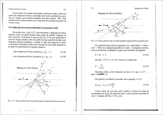Ccilculo de Rotores Axiais 371
Como ainda nao existem informa96es suficientes sobre o efeito da
grade nas m<lquinas de fluxo calculadas pela teori3- aerodinfimica, pro-
cura-se, sempre que possfvel, trabalhar com uma rela9ao t/L > 1,3,
quando entao se desconsidera este coeficiente de correyao no projeto de
rotores axiais.
13.4 Aplicai;;iio da teoria aerodin3mica as m3quinas axiais
De acordo com a Fig. 13.17, que representa o diagrama de foryas
atuantes sobre um perfil situado numa grade de turbina (m<lquina de
fluxo motora), e conforme se observa na Fig. 13.18, que representa as
mesmas foryas atuando sobre um perfil em uma grade de bomba axial
(m<iquina de fluxo geradora), o 3.ngulo p que uma tangente ao perfil
(conven9ao GOttingen) forma com a dire9fio da velocidade tangencial,
u, pode ser determinado da seguinte maneira:
-para m<iquinas de fluxo motoras: 13 = 13.. - a
- para m<iquinas de fluxo geradoras: 13 = 13= + a
f
M<iquina de Fluxo Motora /
/"'. (! - ,/•; (!
I ' ,,/ Jo:
- - - - - - - ~ '-~--
u
,
,
/ a
,
(13.28)
(13.29)
Fig. 13.17 Fori;:as atuantes sobre um perfil de grade de m<iquina de fluxo motora axial.
372 Mciquinas de ·Fluido
M<iquina de Fluxo Geradora
u
,,·(' J~O:~.:~c
 x
~>'+a·~~-"T70:~~------
,
,
,
,
,
,
,
Fig. 13.18 Fori;:as atuantes sobre um perfil de grade de m<iquina de fluxo geradora axial.
Ou, juntando numa mesma expressao com o sinal duplo ±, onde o
sinal + refere-se as m<iquinas geradoras e o sinal - as m3.quinas motoras,
como sera adotado na dedu9ao a seguir, para sintetizar as equa96es:
(13.30)
Nas Fig. (13.17) e (13.18) observa-se, ainda, que:
F = _I',_ (13.31)
COS E
Para hons perfis, j3. foi comentado no item 13.1 que: E=1°
cos £ = 0,99985 " L
Isto pennite considerar, de acordo com a equayfio (13.2):
P w'
F= F =CL b ---
- ' 5 2
(13.32)
Como a for9a F, que atua sobre o perfil, 6 vari<ivel ao longo da
envergadura, b, da pa, ao aplic<i-la sobre o anel circular elementar de
raio r e largura dr (Fig. 13.19), vem:
 