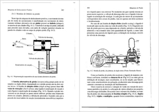 Mdquina.s de Deslocamento Positivo 403
14.1. J Bambas de embolo OU pistao
Neste tipo de m3.quina de deslocalnento positivo, o movimento de rota-
yao do motor de acionamento e transformado em movimento de deslo-
camento retilineo altemativo de um pistiio (piston) OU embolo (plunger),
no interiorde umcilindro (Fig. 14.1). 0 emboloeum tipo de pistao, utilizado
para press6es mais elevadas, com aneis de vedayao (gaxetas) situadas na
parede do cilindro e nao no corpo do pr6prio pist:ao (Fig. 14.3).
,,--.Biela
_Manivela
Cilindro~

Pistiio_/'
Vi:llvula de descarg~


Vi:llvula de admissii.o_ J
Reservat6rio de suci;iio--._
Fig. 14.1 Representm;:ao esquemB.tica de uma bomba alternativa de pistao.
A bomba alternativa de pistao (reciprocating pump) pode ser de
simples ou duplo efeito, dependendo se o pistao possui um ou dois cur-
sos ativos. A bomba de simples efeito (single acting) possui duas vfil-
vulas de reteni;ao (check valves), uma ligada acanaliza9ao de suc93.o e
outra ligada acanaliza93.o de recalque (Fig. 14.1). Quando o pistao mo-
vimenta-se em dire9ao ao ponto morto inferior, produz uma depressao
dentro do cilindro, abrindo a v<ilvula de admissao e fazendo com que a
pressao do reservat6rio de suc9iio (normalmente atmosf6rica) impulsio-
404 Mdquinas de Fluido
ne o liquido para o seu interior. No momento em que o pistao retoma ao
ponto morto superior, a vatvula de descarga abre-se e 0 lfquido e descar-
regado na tubula9ao de recalque. A cada giro do motor de acionamento
correspondem dois cursos do pist:ao, mas em apenas um deles acontece
o bombeamento.
No caso de um bomba de duplo efeito (double acting), o lfquido 6
recalcado tanto na ida como na volta do pistiio (Fig. 14.2). Enquanto um
lado do pistao provoca uma depressao no cilindro, abrindo a v<ilvula de
admissao e succionando uma certa quantidade de lfquido, o outro lado
pressiona uma parcela de lfquido para a tubulac;;ao de recalque, atraves
da v<ilvula de descarga.
Clnoto
."
Fig. 14.2 Bomba de pistiio, de potencia, de duplo efeito (Fonte: Fairbanks Morse).
Como as bombas de pistffo nffo recalcam o lfquido de maneira con-
tfnua e uniforme, instalam-se c3maras dear (Fig.14.2) ou outro gas na
tubulac;;ao de recalque, mais usualmente, ou na de succ;;ao, que funcio-
nam como amortecedores de pulsac;;ao, produzindo uma descarga prati-
camente constante na instala9ffo de bombeamento.
Outra maneira de atenuar a varia9ao de vazao em virtude do movi-
mento peri6dico do pistao ea colocac;;ao de vfilios cilindros em paralelo,
com descargas defasadas. De acordo com o nUmero de cilindros, as bom-
bas de pistffo sao denominadas de bombas simplex (Fig. 14.2), duplex
(Fig. 14.3), triplex e multiplex, quando forem construfdas, respectiva-
 