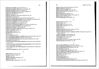 coeficientes de velocidade (speed coefficients), 115
compensai;iio do empuxo axial (balancing axial thrust), 169
componente meridiana (meridional component), 58
componente tangencial (tangencial ou whirl component), 58
comportas de emergencia (stop-logs), 197
compressor (compressor), 29
compressor alternativo (reciprocating compressors), 433, 441
compressores (compressors), 29
compressores de anel Jiquido (liquid-packed ring compressors), 449
465
compressores de deslocamento positivo (positive-discplacement compressors), 433
compressores de diafragma (diaphragm compressors), 442
compressores de parafuso (screw compressors), 446
compressores de pistiio (piston compressors), 434
compressores ou sopradores de 16bulos (lobe compressor or blower), 448
compressores rotativos de palhetas (vane compressors), 443
comprimento de ruptura (tearing lenght), 395
condii;iio de entrada sem choque (shockless entrance condition), 302
conduto em derivai;iio (by-pass), 257
conduto fori;ado (penstok), 187
contrapressiio (back-pressure), 142
cubo (hub), 192
curso do pistiio (stroke), 405
curva caracteristica de bornha ou ventilador (pump or fan characteristic curve), 224
curva caracterlstica do sistema (system curve), 227, 229, 431
curva caracteristica instavel (unstable head-capacity characteristic curve), 288
curva polar (polar diagram), 357
curvas caracteristicas das turbinas hidriiulicas (characteristics curves ofhydraulics
turbines), 193
curvas caracteristicas de bombas de deslocamento positivo (positive-displacement
pumps characteristics curves), 426
curvas caracteristicas dos turbocompressores (turbocompressors characteristics
curves), 298
curvas de iso-rendimento(iso-efficiency curves), 200
defletor de jato (jet deflector), 190
descarga (discharge ou outlet), 33
desgaste (wear), 243
D
diagrama topogr:ifico (hill diagram), 195
di;'imetro (diameter), 59
di3metro do cubo (hub diameter), 59, 331, 387
466 Mdquinas de Fluido
diiimetro do eixo (impeller shaft diameter), 329, 385
diiimetro exterior (tip diameter), 59
diiimetro interno do cilindro (bore), 405, 436
difereni;a de pressiio total (total pressure), 41, 225
difusor (diffuser), 44
difusor anular liso (open diffuser), 319
difusor de caixa espiral ou voluta (volute casing), 319
difusor de p:is (vaned diffuser), 319
disco de compensai;iio (balancing disk), 173
efeito de escala (size effect), 97, 107
embolo (plunger.), 403
empuxo axial (axial thrust), 161, 165
empuxo radial (radial thrust), 161, 175
energia (energy), 33
entrada (inlet), 56
E
equai;iio de Bernoulli (Bernoulli's equation), 350, 364
equai;iio de Euler (Euler equation), 63
equai;iio fundamental para as m:iquinas de fluxo (fundamental equation of
turbomachines), 63
erosiio por cavitai;iio {cavitation pitting), 130
escala de velocidades (ratio of velocities), 97
escala dinilmica (ratio of forces), 97
escorvamento (priming), 141
espai;o morto (dead space on clearance volume), 436, 439
espessura das piis (blade thickness), 321, 338
F
fator de compressibilidade (compressibility factor), 38
fator de deficiencia de potencia (slip factor), 68, 296, 315, 339
fator de engrossamento (thickning factor), 359, 396
fator de escala (size ratio), 96
fator de estrangulamento (throttling factor), 323
fator de redui;iio da velocidade do vento (interference factor), 381
fenOmeno da cavitai;iio (cavitation phenomenon), 128
fluxo m:issico (mass flow rate), 40
folgas (clearances), 429
fori;a de arrasto (drag), 351
fori;a de sustentai;iio (lift), 351
forma da p:i do rotor (impeller blade shape), 301
funcionamento da bomba como turbina (pump operating as turbine), 284
 