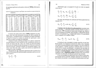 •""-
Cavitar;iio e Choque S6nico 139
de segurani:;:a significativa utilizando os valores de NPS} obtidos para a
:iguafria.
Quadro 6.2 Valores da pressao de vaporizai;:ao e peso especffico da 3gua em funi;:ao da
temperatura.
t(°C) Pv (kgf/m1) Pv (kPa) y(kgf/m3
) t(°C) Pv (kgf/m2) Pv (kPa) y (kgf/m3
)
15 174 1,707 999 65 2547 24,986 981
20 238 2,335 998 70 3175 31,147 978
25 322 3,159 997 75 3929 38,543 975
30 429 4,208 996 80 4828 47,363 972
35 572 5,611 994 85 5894 57,820 969
40 750 7,358 992 90 7149 70,132 965
45 974 9,555 990 95 8620 84,562 962
50 1255 12,312 988 100 10333 101,367 958
55 1602 15,716 986 105 12320 120,859 955
60 2028 19,895 983 110 14609 143,314 951
O mesmo nao pode ser dito sabre o NPSHd (disponfvel na insta-
la<;3o), cujo valor esta intimamente vinculado ao valor da pressiio de
vaporizac;:ao e, conseqiientemente, atemperatura do lfquido bombeado.
A tabela 6.2 fornece os valores da pressao de vaporiza<;iio e peso
especlfico da 8.gua em fun<;ao da temperatura.
. Voltando abomba centrffuga da Figura 6.4, pode-se caracterizar
um ponto gentrico x, j<'i no interior do rotor, normalmente pr6ximo ao
bordo de ataque das p&s, onde, em virtude de sobrevelocidades
decorrentes da redu<;ao da sei:;:ao de passagem do fluido provocada pela
espessura das pis, a press3o do liquido em escoamento atingir3. o seu
menor valor. Este sera, entao, o ponto mais sensfvel ao surgimento da
cavitai:;:ao em toda a instala<;ao.
Designando de D.ps a depressao suplementar entre os pontos 3 ex
(Fig. 6.4), decorrente das sobrevelocidades localizadas, pode-se escrever
para o ponto x:
(6.12)
y y y
140 Mdquinas de Fluido
Substituindo p3/y, na equai;ao (6.12) pelo seu valor na equai;ao
(6.8), tem-se: -.
Ou ainda, pela definii;ao do coeficiente de Thoma apresentado na
equai;iio (6.2):
p p c2 c2
H ::::---2. _ ___! -cr H-H +-' --
3
'g Y "{ ps 2g 2g
(6.13)
0 m3.ximo valor da altura de succ;3.o geometrica (maximum static
suction lift), Hsgmax' e alcani;ado quando a pressao absoluta no ponto x
diminui ate o valor de pressao de vaporizai;ao do liquido, Pv' dando-se
infcio ao fenOmeno da cavitai;ao. Nesta situai:;:ao, o coeficiente de Thoma
assume o valor particular crmin e, desprezando o termo c~ /2 g (geralmente
nulo), a equa9ao (6.13) assume a forma:
P. - (}"min H - Rps
y
c'
- _3
2g
(6.14)
As bombas de alta velocidade de rotai;ao especffica ou que bom-
beiam lfquidos com temperatura elevada sao, muitas vezes, instaladas
com altura de suci;ao geometrica nula ou negativa. No caso de altura de
suc9ao negativa, a bomba encontra-se instalada abaixo do nfvel do
reservat6rio de suci;ao, possibilitando o escoamento por gravidade do
lfquido para o seu interior, caracterizando, desta maneira, a denominada
instalai:;:ao com bomba afogada. 0 valor obtido pela equai;ao (6.14) passa
a significar, entao, o afogamento minimo (minimum static suction head)
a que deve ser submetida a bomba para que nao haja cavitai;ao.
Como recomendai;ao de car<'iter geral, deve-se buscar a menor altu-
ra de suc9ao possfvel, havendo vantagens adicionais na instala<;ao do
tipo afogada, por permitir o escorvamento da bomba mesmo sem a pre-
 