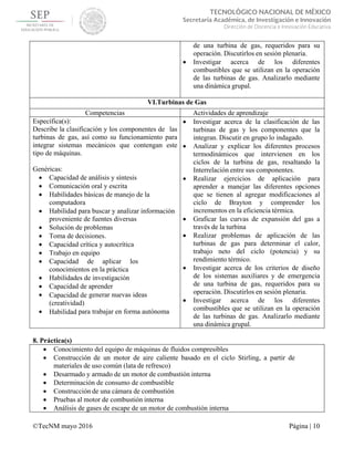  
 
©TecNM mayo 2016 Página | 10
 
TECNOLÓGICO NACIONAL DE MÉXICO
Secretaría Académica, de Investigación e Innovación
Dirección de Docencia e Innovación Educativa 
de una turbina de gas, requeridos para su
operación. Discutirlos en sesión plenaria.
 Investigar acerca de los diferentes
combustibles que se utilizan en la operación
de las turbinas de gas. Analizarlo mediante
una dinámica grupal.
VI.Turbinas de Gas
Competencias Actividades de aprendizaje
Específica(s):
Describe la clasificación y los componentes de las
turbinas de gas, así como su funcionamiento para
integrar sistemas mecánicos que contengan este
tipo de máquinas.
Genéricas:
 Capacidad de análisis y síntesis
 Comunicación oral y escrita
 Habilidades básicas de manejo de la
computadora
 Habilidad para buscar y analizar información
proveniente de fuentes diversas
 Solución de problemas
 Toma de decisiones.
 Capacidad crítica y autocrítica
 Trabajo en equipo
 Capacidad de aplicar los
conocimientos en la práctica
 Habilidades de investigación
 Capacidad de aprender
 Capacidad de generar nuevas ideas
(creatividad)
 Habilidad para trabajar en forma autónoma
 Investigar acerca de la clasificación de las
turbinas de gas y los componentes que la
integran. Discutir en grupo lo indagado.
 Analizar y explicar los diferentes procesos
termodinámicos que intervienen en los
ciclos de la turbina de gas, resaltando la
Interrelación entre sus componentes.
 Realizar ejercicios de aplicación para
aprender a manejar las diferentes opciones
que se tienen al agregar modificaciones al
ciclo de Brayton y comprender los
incrementos en la eficiencia térmica.
 Graficar las curvas de expansión del gas a
través de la turbina
 Realizar problemas de aplicación de las
turbinas de gas para determinar el calor,
trabajo neto del ciclo (potencia) y su
rendimiento térmico.
 Investigar acerca de los criterios de diseño
de los sistemas auxiliares y de emergencia
de una turbina de gas, requeridos para su
operación. Discutirlos en sesión plenaria.
 Investigar acerca de los diferentes
combustibles que se utilizan en la operación
de las turbinas de gas. Analizarlo mediante
una dinámica grupal.
8. Práctica(s)
 Conocimiento del equipo de máquinas de fluidos compresibles
 Construcción de un motor de aire caliente basado en el ciclo Stirling, a partir de
materiales de uso común (lata de refresco)
 Desarmado y armado de un motor de combustión interna
 Determinación de consumo de combustible
 Construcción de una cámara de combustión
 Pruebas al motor de combustión interna
 Análisis de gases de escape de un motor de combustión interna
 