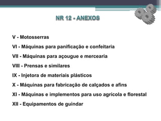 V - Motosserras
VI - Máquinas para panificação e confeitaria
VII - Máquinas para açougue e mercearia
VIII - Prensas e similares
IX - Injetora de materiais plásticos
X - Máquinas para fabricação de calçados e afins
XI - Máquinas e implementos para uso agrícola e florestal
XII - Equipamentos de guindar
 