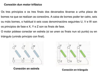 Conexión dun motor trifásico

Os tres principios e os tres finais dos devanados lévanse a unha placa de
bornes na que se realizan as conexións. A caixa de bornes poder ter catro, seis
ou máis bornes, o habitual é seis coas denominacións seguintes U, V e W son
os principios de fase e X, Y e Z son os finais de fase.
O motor pódese conectar en estrela (si se unen os finais nun só punto) ou en
triángulo (unindo principio con final).




           Conexión en estrela                      Conexión en triángulo
 