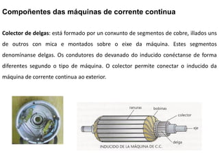 Compoñentes das máquinas de corrente continua

Colector de delgas: está formado por un conxunto de segmentos de cobre, illados uns
de outros con mica e montados sobre o eixe da máquina. Estes segmentos
denomínanse delgas. Os condutores do devanado do inducido conéctanse de forma
diferentes segundo o tipo de máquina. O colector permite conectar o inducido da
máquina de corrente continua ao exterior.
 