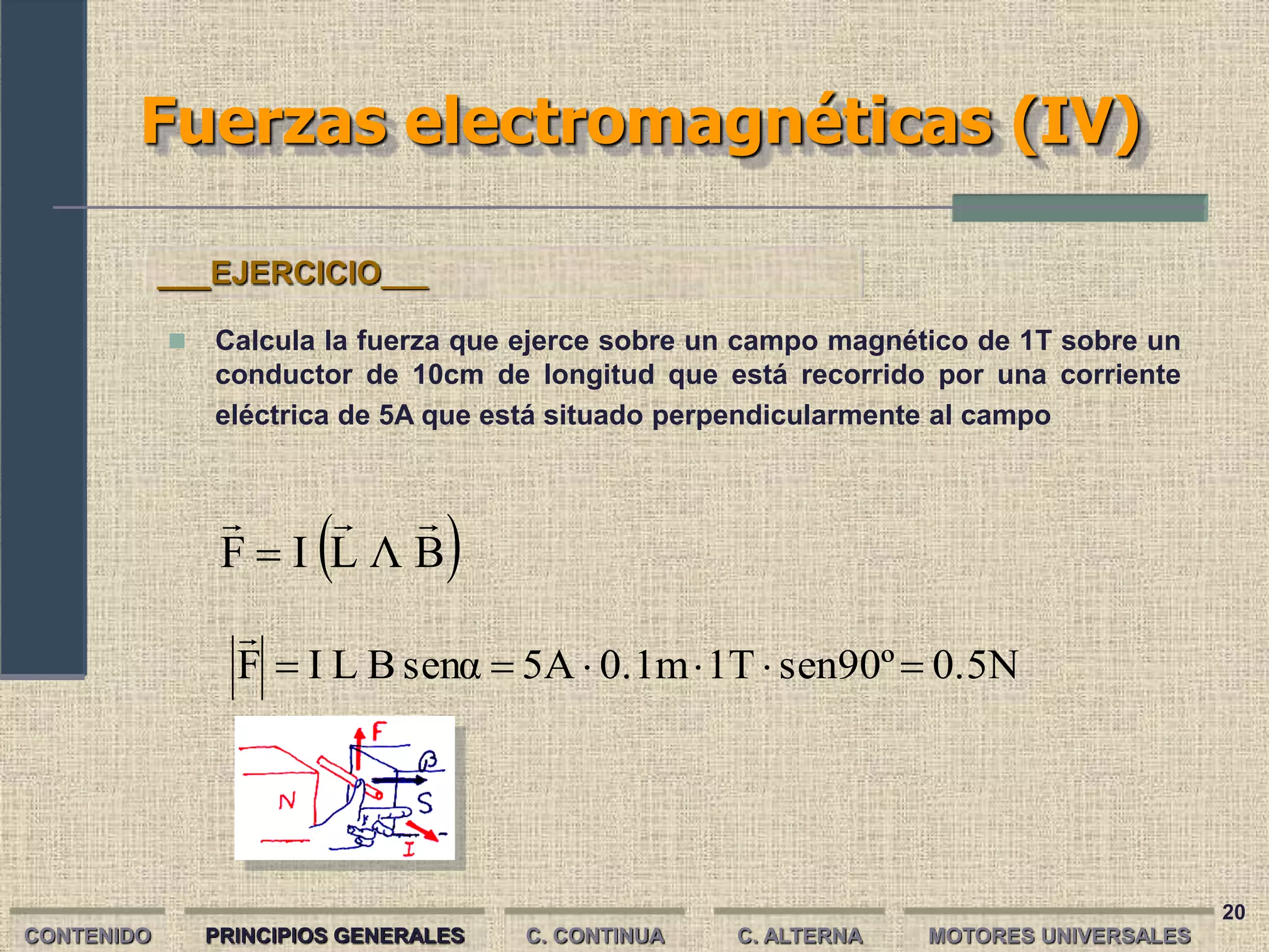 20
Fuerzas electromagnéticas (IV)
CONTENIDO PRINCIPIOS GENERALES C. CONTINUA C. ALTERNA
 
B
Λ
L
I
F




0.5N
sen90º
1T
0.1m
5A
senα
B
L
I
F 






 Calcula la fuerza que ejerce sobre un campo magnético de 1T sobre un
conductor de 10cm de longitud que está recorrido por una corriente
eléctrica de 5A que está situado perpendicularmente al campo
___EJERCICIO___
MOTORES UNIVERSALES
 