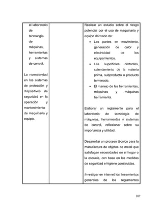 107
el laboratorio
de
tecnología
de
máquinas,
herramientas
y sistemas
de control.
La normatividad
en los sistemas
de protección y
dispositivos de
seguridad en la
operación y
mantenimiento
de maquinaria y
equipo.
Realizar un estudio sobre el riesgo
potencial por el uso de maquinaria y
equipo derivado de:
 Las partes en movimiento,
generación de calor y
electricidad de los
equipamientos.
 Las superficies cortantes,
calentamiento de la materia
prima, subproducto o producto
terminado.
 El manejo de las herramientas,
máquinas y máquinas
herramienta.
Elaborar un reglamento para el
laboratorio de tecnología de
máquinas, herramientas y sistemas
de control, reflexionar sobre su
importancia y utilidad.
Desarrollar un proceso técnico para la
manufactura de objetos de metal que
satisfagan necesidades en el hogar o
la escuela, con base en las medidas
de seguridad e higiene construidas.
Investigar en internet los lineamientos
generales de los reglamentos
 