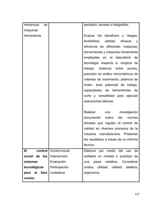 147
mecánicos de
máquinas
herramienta.
periódico, revistas o fotografías.
Evaluar los beneficios y riesgos,
factibilidad, utilidad, eficacia y
eficiencia de diferentes máquinas,
herramientas y máquinas herramienta
empleadas en el laboratorio de
tecnología respecto a: longitud de
trabajo, distancia entre puntos,
precisión de anillos micrométricos de
volantes de movimiento, potencia de
motor, área potencial de trabajo,
capacidades de herramientas de
corte y versatilidad para ejecutar
operaciones básicas.
Realizar una investigación
documental sobre las normas
oficiales que regulan el control de
calidad en diversos procesos de la
industria manufacturera. Presentar
los resultados a través de un informe
técnico.
El control
social de los
sistemas
tecnológicos
para el bien
común
Control social
Intervención
Evaluación
Participación
ciudadana
Elaborar por medio del uso de
software un modelo o prototipo de
una pieza metálica. Considerar
costos, utilidad, calidad, estética,
ergonomía.
 
