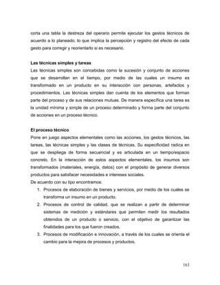 163
corta una tabla la destreza del operario permite ejecutar los gestos técnicos de
acuerdo a lo planeado, lo que implica la percepción y registro del efecto de cada
gesto para corregir y reorientarlo si es necesario.
Las técnicas simples y tareas
Las técnicas simples son concebidas como la sucesión y conjunto de acciones
que se desarrollan en el tiempo, por medio de las cuales un insumo es
transformado en un producto en su interacción con personas, artefactos y
procedimientos. Las técnicas simples dan cuenta de los elementos que forman
parte del proceso y de sus relaciones mutuas. De manera específica una tarea es
la unidad mínima y simple de un proceso determinado y forma parte del conjunto
de acciones en un proceso técnico.
El proceso técnico
Pone en juego aspectos elementales como las acciones, los gestos técnicos, las
tareas, las técnicas simples y las clases de técnicas. Su especificidad radica en
que se despliega de forma secuencial y es articulada en un tiempo/espacio
concreto. En la interacción de estos aspectos elementales, los insumos son
transformados (materiales, energía, datos) con el propósito de generar diversos
productos para satisfacer necesidades e intereses sociales.
De acuerdo con su tipo encontramos:
1. Procesos de elaboración de bienes y servicios, por medio de los cuales se
transforma un insumo en un producto.
2. Procesos de control de calidad, que se realizan a partir de determinar
sistemas de medición y estándares que permiten medir los resultados
obtenidos de un producto o servicio, con el objetivo de garantizar las
finalidades para los que fueron creados.
3. Procesos de modificación e innovación, a través de los cuales se orienta el
cambio para la mejora de procesos y productos.
 